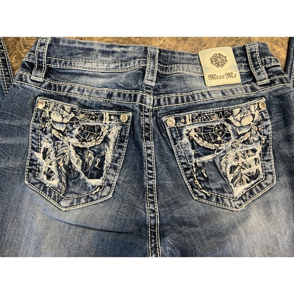 Miss Me Mid Rise Curvy Bootcut Jeans Blue Medium Embroidered Size 27 Y2K Western - Picture 9 of 10